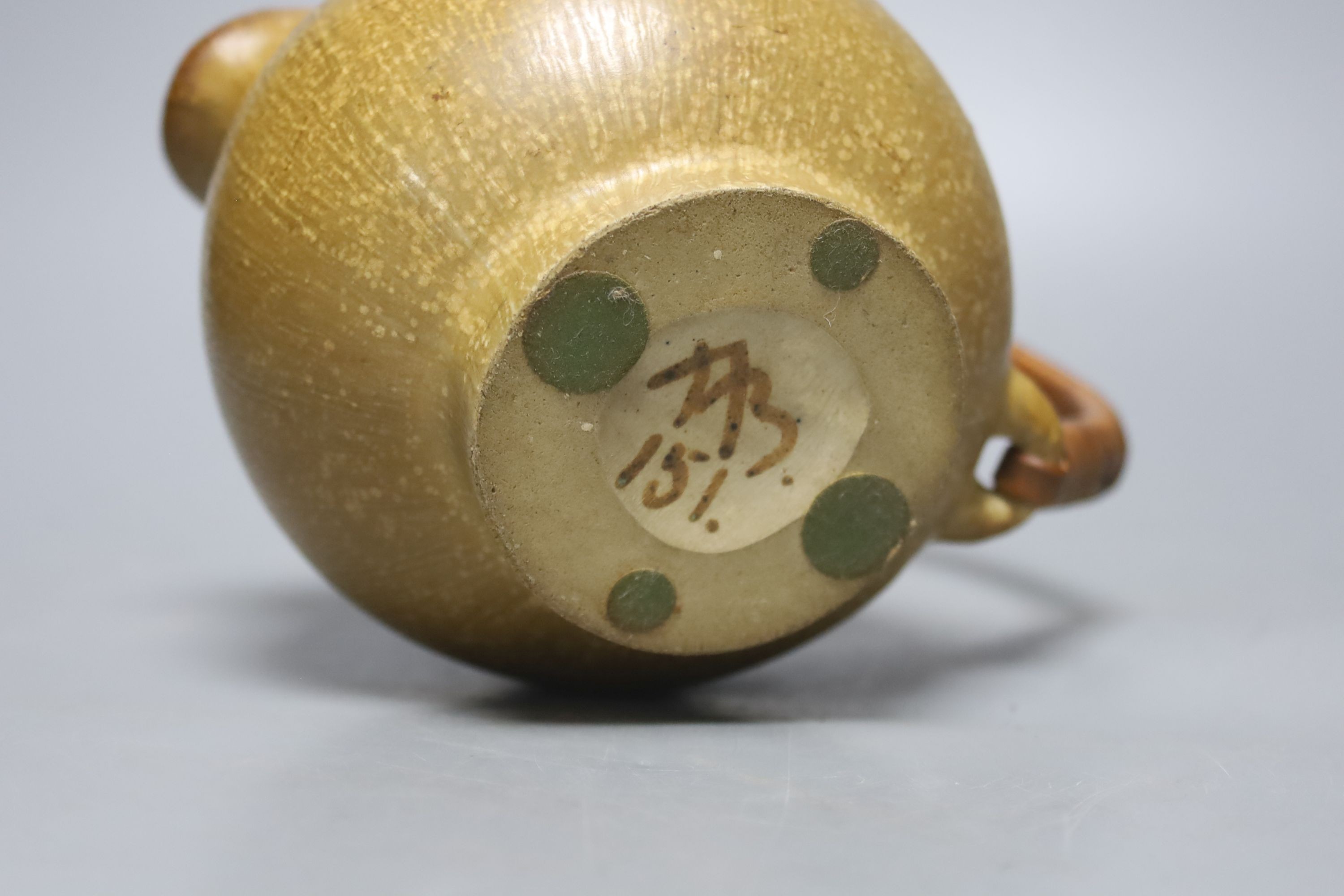 Art Pottery ewer, initials AM, numbered 151 on base, 19 cms wide, including handle.